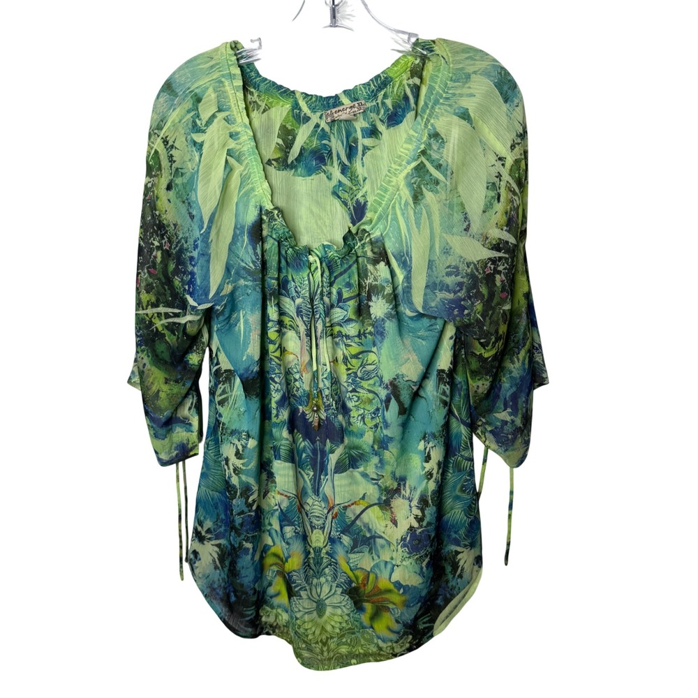 Energe World Wear Women XL Tropical Floral Boho Blouse Green‎ Blue Tie Sleeve XL
